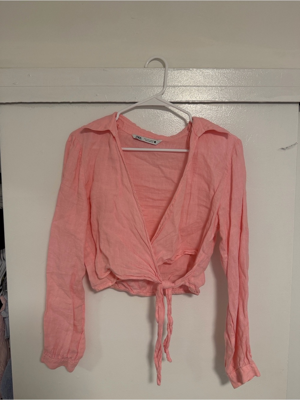 Zara Women's Pink Tie-Front Long Sleeve linen Top